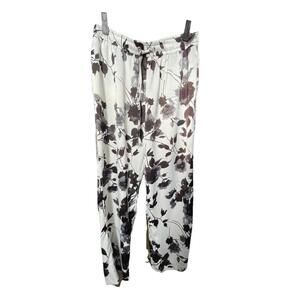 Anne Klein High Rise Wide Leg Pull On Pants Ivory W/ Black Flowers PM